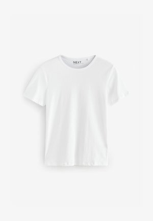 T-shirt en coton blanc à manches courtes, col rond et texture lisse. Présente un branding subtil au niveau du col. Design minimaliste.