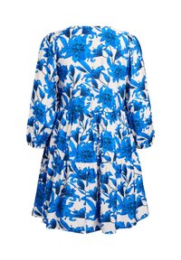 Sinine lillemuster, millel on valge taust, pikkaeelsed, ümmargune kaelus ja kogutud vöödetail.