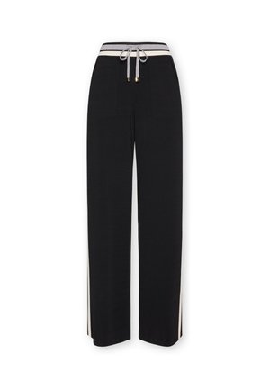 Zwarte wijde broek met een taillekoord, voorzien van een tweekleurige gestreepte tailleband en zijslits voor extra detail.