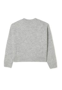 Gekürzter grauer Pullover aus weichem Strickstoff, mit einem gerippten Rundhalsausschnitt und Bündchen, die eine subtile melierte Textur zeigen.