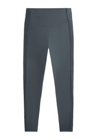 Leggings negri închis, realizate dintr-un material elastic cu o textură netedă. Prezintă o talie înaltă și panouri laterale cu nervuri pentru un detaliu suplimentar.