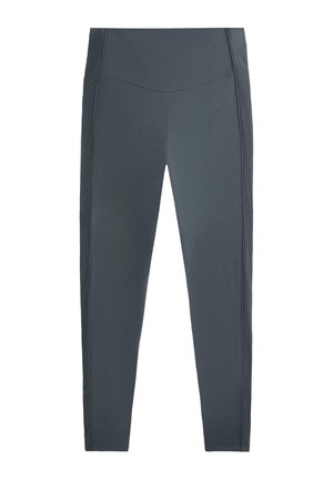Dark gray leggings made of stretchy material with a smooth texture. Features a high waist and ribbed side panels for added detail.