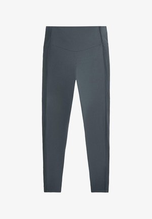 Sötét szürke leggings rugalmas anyagból, sima felülettel. Magas derékkal és bordázott oldalpanellel rendelkezik, amely extra részletességet ad.