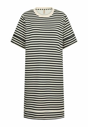 Vestido de camiseta a rayas con rayas horizontales en negro y crema, mangas cortas y cuello redondo. Fabricado en un material suave y ligero.