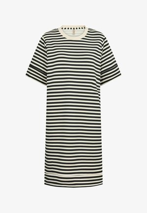 Gestreepte t-shirt jurk met horizontale zwarte en crèmekleurige strepen, korte mouwen en een ronde hals. Gemaakt van zachte, lichte stof.