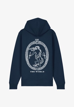 Felpa blu marina con un design grafico di una figura circondata da un ornato bordo circolare con la scritta "XXI IL MONDO" in bianco.
