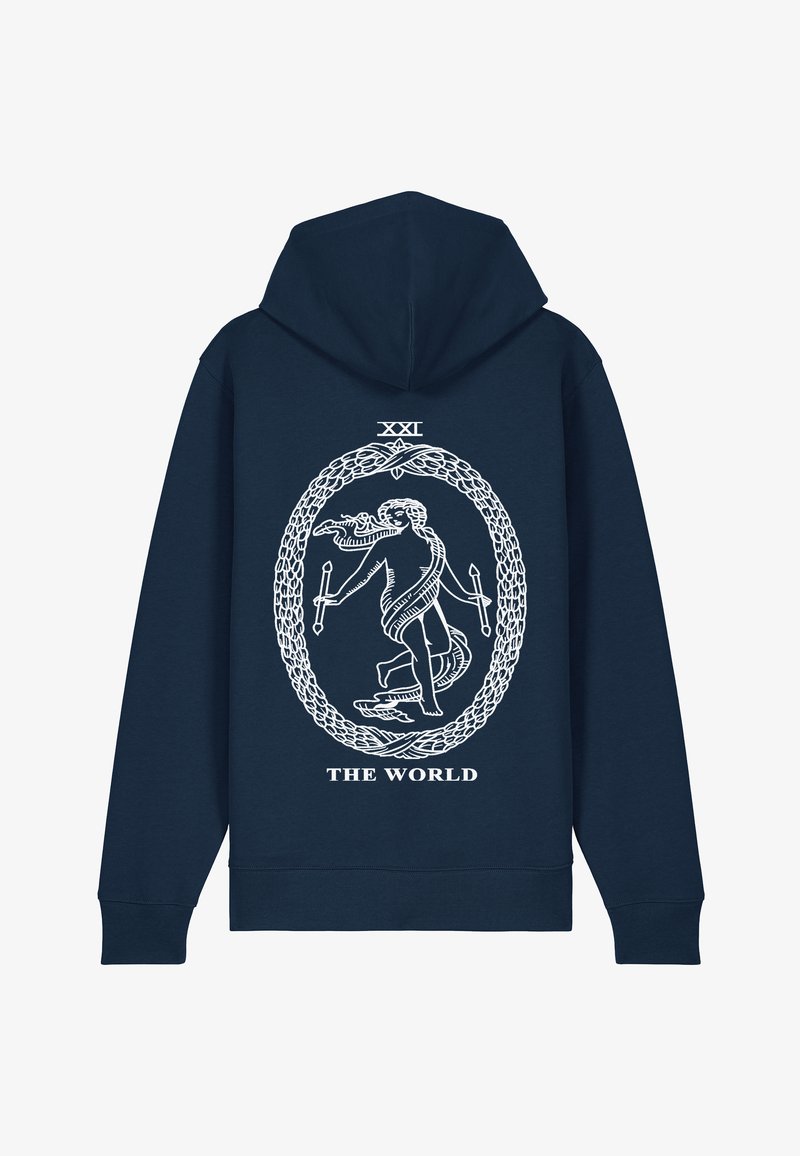 Hoodie bleu marine avec un design graphique représentant une silhouette entourée d'une bordure circulaire ornée, accompagnée du texte "XXI LE MONDE" en blanc.