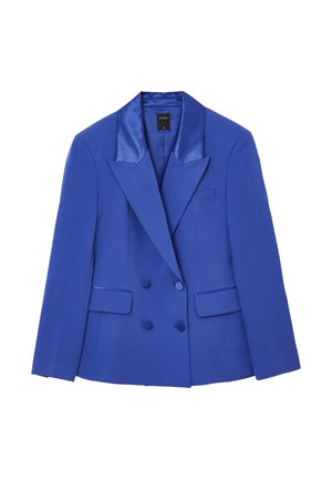 Blazer blu doppiopetto con revers in satin, colletto a punta, due tasche laterali e una texture del tessuto liscia. Presenta bottoni coordinati.