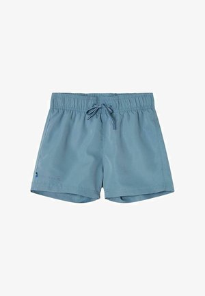 Lyseblå badeshorts med elastisk talje og snørre foran, flad front og kort benlængde.