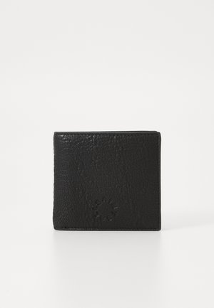 Black leather wallet with a textured surface and embossed logo. Rectangular shape with rounded corners and minimalistic design.