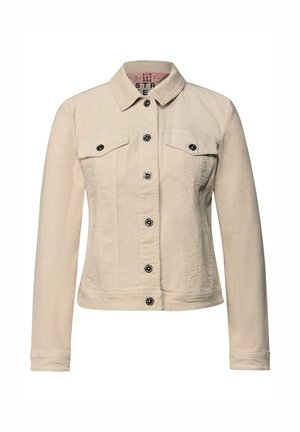 Beige Jeansjacke mit Kragen, vorderer Knopfleiste, zwei Brusttaschen und schwarzen Knopfakzenten, mit einer taillierten Passform und langen Ärmeln.