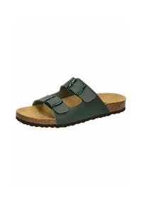Green leather slide sandal with two adjustable buckles, cork footbed, and textured rubber sole. Open toe design for breathability.