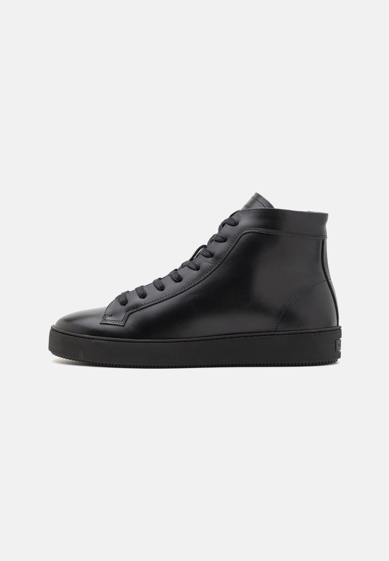 Black leather high-top sneaker with round toe, flat laces, smooth texture, and a rubber sole; minimalist design with no visible patterns or accents.