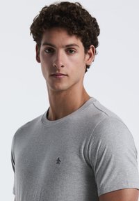 Grijze katoenen T-shirt met een ronde hals, korte mouwen en een klein geborduurd logo op de linkerborst. Zachte textuur, aansluitende pasvorm.