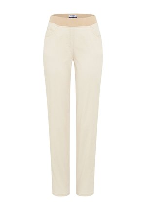 Gebroken-witte damesbroek met textuur, een elastische beige tailleband en steekzakken aan de voorkant, rechte pijpen, zonder zichtbare sluitingen.