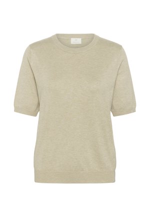 Bež kratka majica z dolgimi rokavi, izdelana iz mehke pletene tkanine, z okroglim izrezom in rebrastimi obrobami na rokavih ter spodnjem robu.