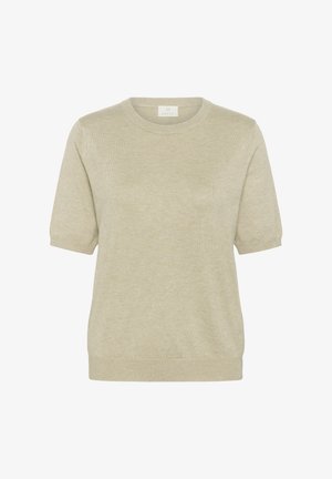 Bež kratka majica z dolgimi rokavi, izdelana iz mehke pletene tkanine, z okroglim izrezom in rebrastimi obrobami na rokavih ter spodnjem robu.