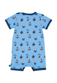 Modrý bavlněný overal s hravým potiskem lodí, palem a mořských živočichů. Krátké rukávy a patentky na límci.