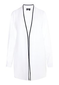 Cardigan lungo bianco con bordo nero. Design aperto sul davanti, maniche lunghe e una texture morbida. L'etichetta mostra il marchio "usha".