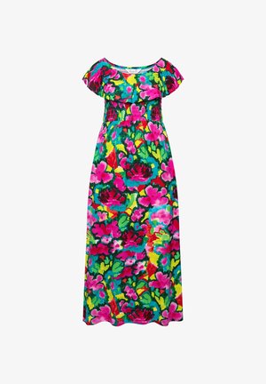 Maxikleid mit einem leuchtenden Blumenmuster in Pink, Grün und Gelb. Hergestellt aus leichtem Stoff mit gerafftem Bund und kurzen Ärmeln.