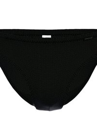Zwart zwembroek met een gestructureerd patroon van kleine vierkantjes, elastische tailleband en een minimale merkje aan de zijkant.