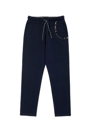 Marineblaue Jogginghosen aus weichem Material, mit einem elastischen Bund und einer Kordel, sowie einem dekorativen Kettentaschendetail.
