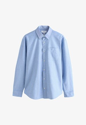 Helltürkisfarbene langärmelige Button-Down-Bluse aus Baumwollmischung. Verfügt über einen Kragen, sieben Frontknöpfe und eine einzelne Brusttasche. Glatte Textur.