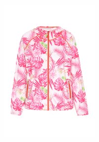 Giacca a zip rosa con motivo a foglie tropicali, dotata di cappuccio, tasche laterali e zip arancione a contrasto, realizzata in tessuto leggero.