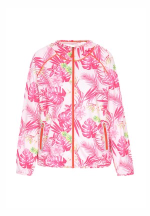 Jachetă roz cu fermoar, cu un model de frunze tropicale, având glugă, buzunare laterale și fermoar portocalie contrastant, realizată dintr-un material ușor.