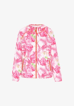 Lyserød hættetrøje med tropisk bladmønster, udstyret med hætte, sidelommer og kontrastfarvet orange lynlås, lavet af letvægtsstof.