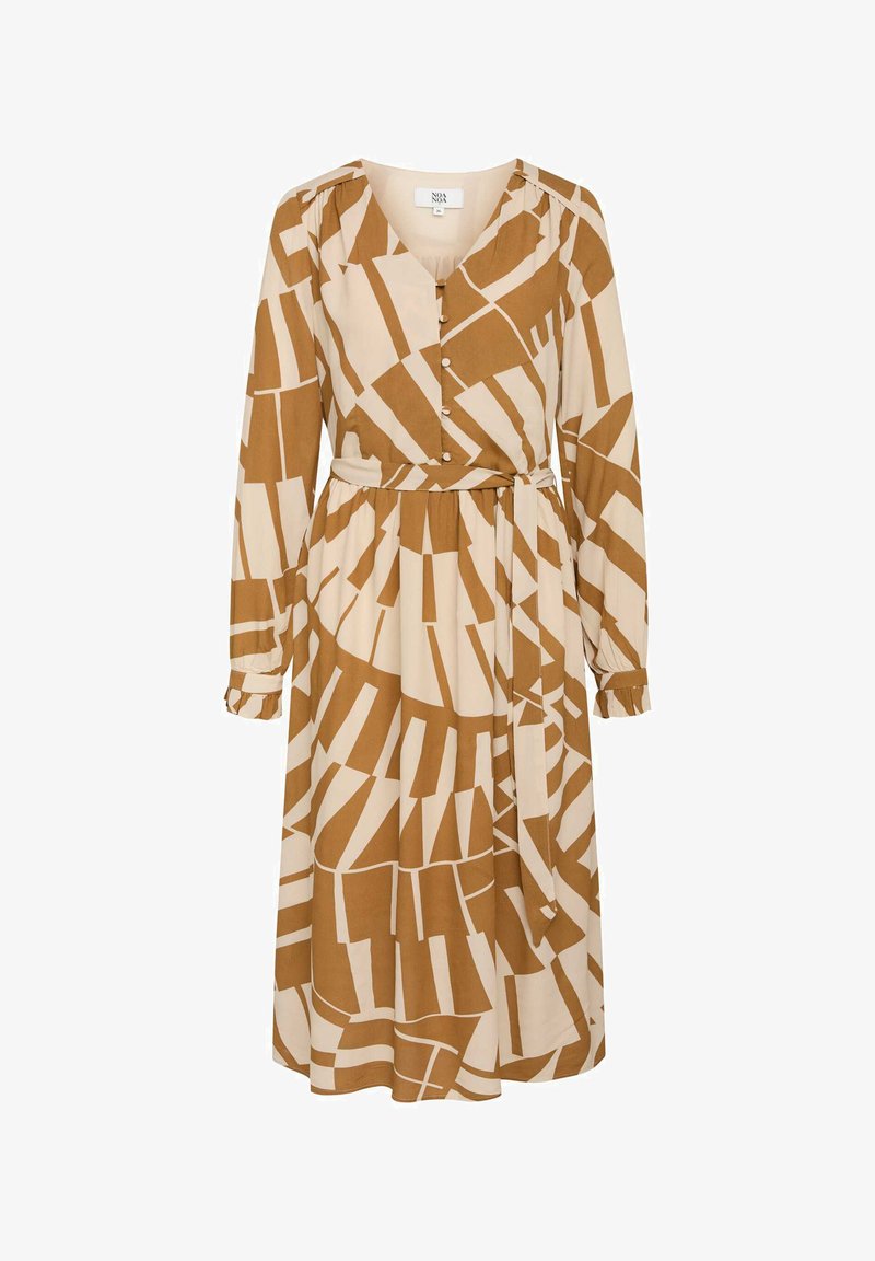 Kreemi- ja pruunikombinatsioonis pikkade varrukatega kleit, millel on abstraktne geomeetriline muster, V-dekoltee, esipaneeli nupud ja seljaosa sobiv vöö.