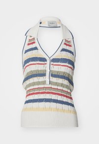 Top sem mangas de malha com gola em branco, apresentando riscas horizontais multicoloridas em azul, vermelho, verde e amarelo.