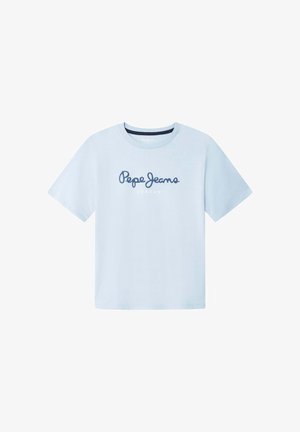 Lichtblauw T-shirt met korte mouwen, gemaakt van zachte katoenen stof. Voorzien van het "Pepe Jeans London"-logo in donkerblauw op de borst.