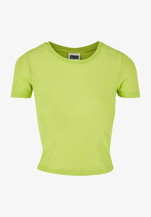 Tričko s krátkým rukávem a kulatým výstřihem v jasně limetkové barvě. Hladká textura, přiléhavý střih, bez vzorů nebo viditelných kovových prvků.