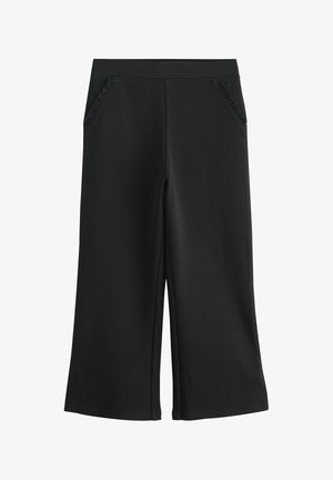Pantalones negros de pierna ancha con cintura elástica y bolsillos laterales con volantes, recortados a la altura media de la pantorrilla.