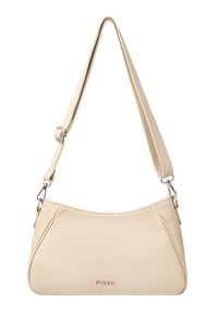 Borsa a spalla in pelle beige con una finitura liscia e testurizzata. Presenta una tracolla regolabile e un sottile logo del marchio sul davanti.