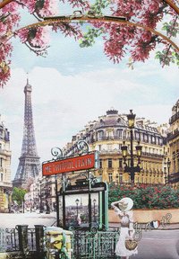L'illustrazione stilizzata presenta la Torre Eiffel, un'insegna del Métropolitain rossa con elaborati lavori in metallo verde e accenti floreali in colori vivaci.