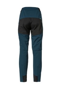 Teal en zwarte outdoorbroeken met een aangepast ontwerp. Gemaakt van duurzaam, rekbaar materiaal. Voorzien van versterkte panelen en ritszakken.