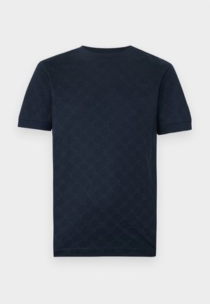 Marineblauw T-shirt met korte mouwen en een gestructureerd patroon. Ronde halslijn en standaard pasvorm. Gemaakt van een zachte katoenmix.
