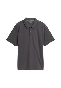 Ciemnoszara koszulka polo z krótkim rękawem, z kołnierzykiem, dwoma guzikami i małym logo na lewej piersi na białym tle.
