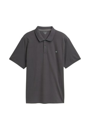 Tumehall polo-särk lühikeste varrukatega, millel on krae, kaks nuppu ja väike logo vasakul rinnal, valge tausta ees.