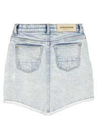 Falda mini de mezclilla en azul claro con dobladillo deshilachado, dos bolsillos traseros y etiqueta de marca Vingino en la cintura.