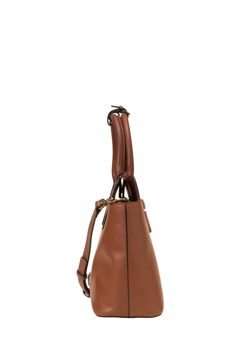 Braune Leder-Eimer-Tasche mit glatter Oberfläche, ausgestattet mit zwei Griffen, einem verstellbaren Riemen und goldfarbenen Hardware-Akzenten.