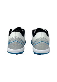 Scarpe da tennis bianche con un tallone a motivo argento e blu, caratterizzate da una superficie testurizzata e dettagli neri. Suola in gomma per migliorare la trazione.