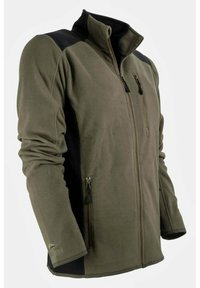 Chaqueta de forro polar verde oliva con detalles en negro, cuello alto, dos bolsillos frontales con cremallera y mangas ajustadas. Textura suave, diseño casual.