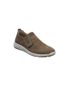 Scarpe slip-on marroni in pelle liscia con un accento nero a contrasto, pannelli laterali testurizzati, suola bianca e cuciture a contrasto.