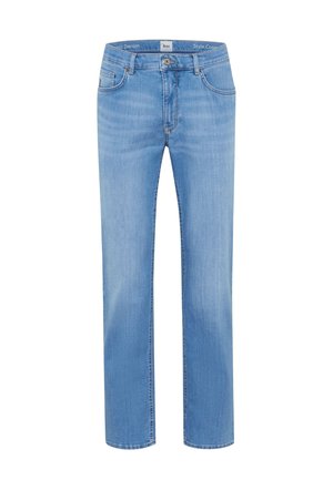 Lichtblauwe denim jeans met rechte pijpen, vijf zakken, knoopsluiting en riemlussen, afgebeeld tegen een witte achtergrond.