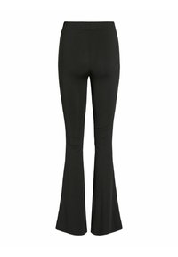 Pantalones acampanados negros hechos de una tela suave y elástica; cuentan con una cintura elástica y una silueta ininterrumpida que se estrecha hasta la campana.