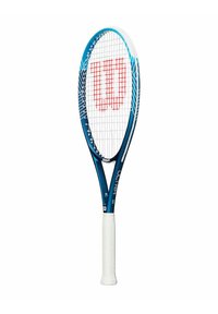 Blaues Tennisschläger mit weißem Griff. Verfügt über einen blau-weißen Rahmen, rotes Logo und ein enges, weißes Netzmuster.