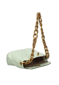 Borsa a tracolla in pelle verde menta trapuntata con catena dorata e chiusura. L'interno presenta una fodera marrone e un dettaglio del logo.